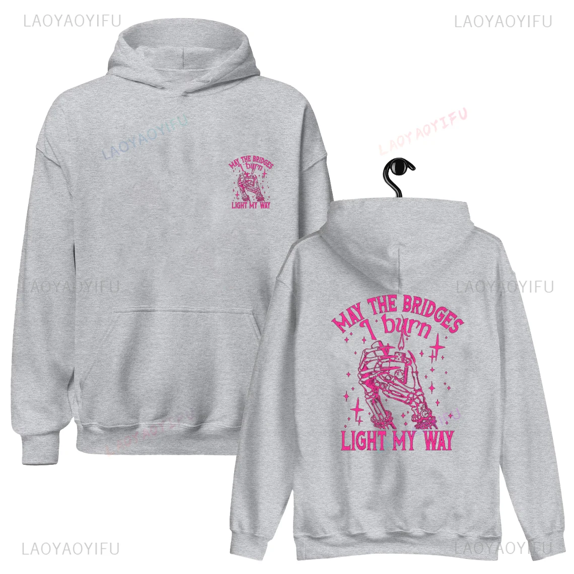 燃える橋が私の道を照らすように スカルヘッドパーカー ピンク ダークユーモア 面白い 女性 男性 冬 プリントシャツ 皮肉