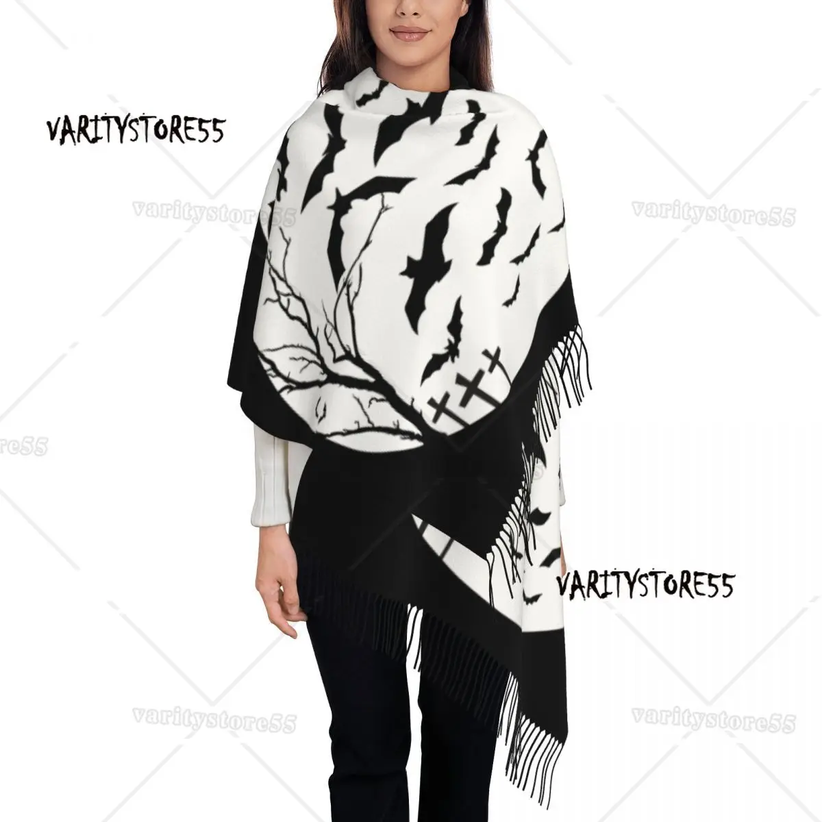 

Custom Halloween Vampire Bat Moon Tassel Scarf Women Winter Fall Warm Shawls Wraps Female Scarves