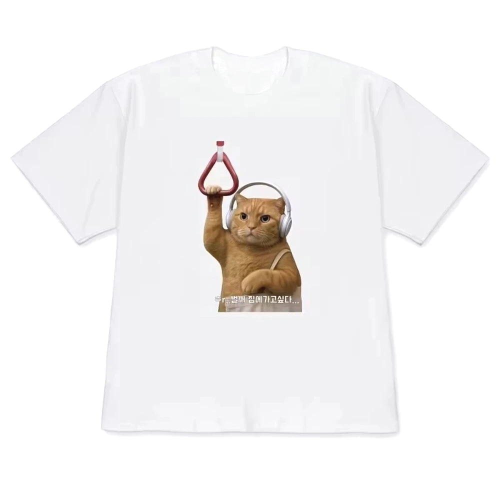 Funny Working Cat Hamster Meme with Headphone Print T-Shirt Korean Cute Summer Short Sleeve Casual Street Cheap Women's Clothing