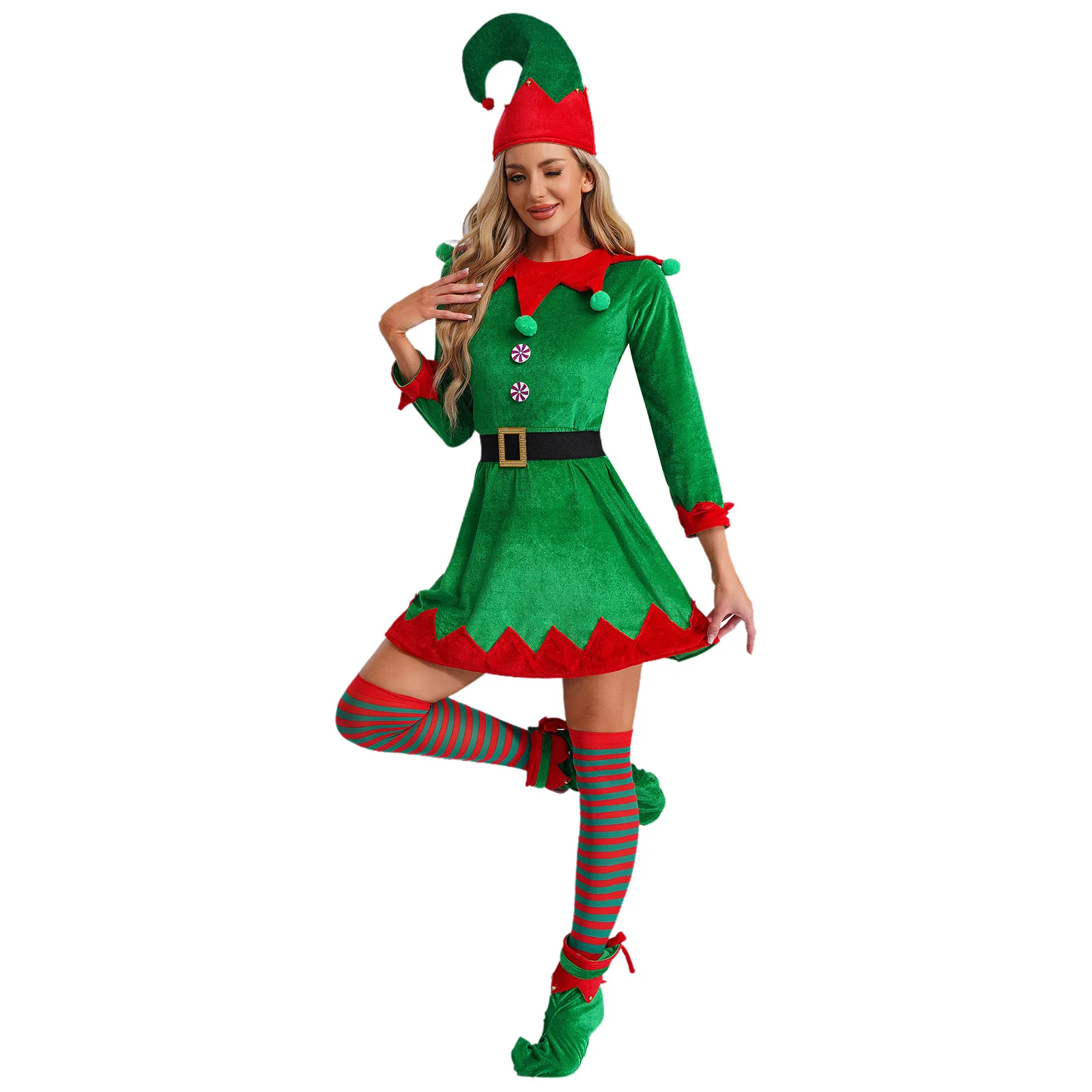 Women Christmas Elf Costumes Velvet Long Sleeve Dress with Elf Hat Striped Stockings Shoes 5 Pcs/Set Xmas Party Cosplay Outfit