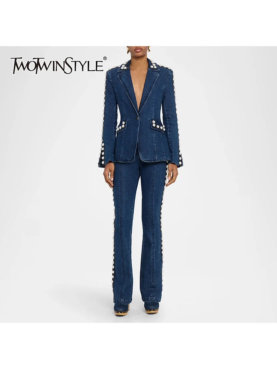 

Комплект из двух предметов TWOTWINSTYLE: джинсовый пиджак с вышивкой и брюки с высокой талией для женщин, модный женский комплект с отложным воротником и длинными рукавами
