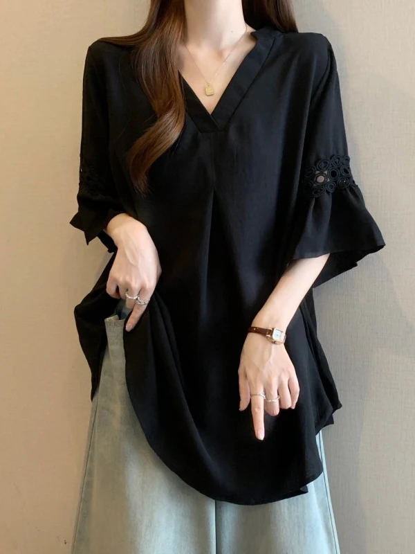 Hollow out Bell Sleeve V Neck Short Sleeve T Shirt Women's plus Size Fashionable Top Korean Style Loose Fit Summer Tee