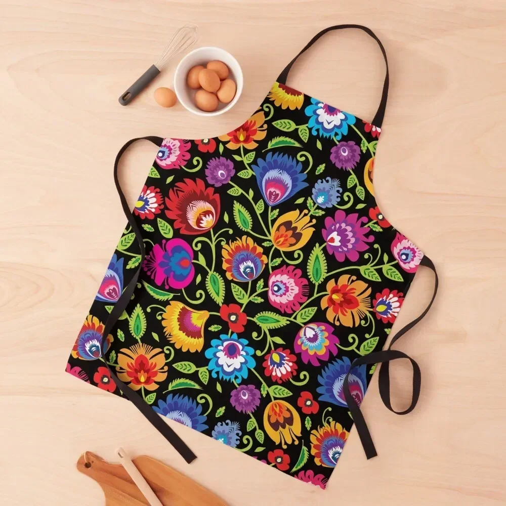 

Vibrant Folklore flowers on black Apron Womens Dresses Chef Uniform Apron