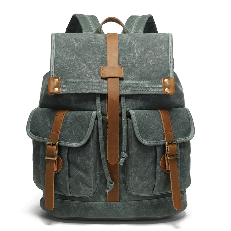 men's-waxed-canvas-backpack-with-drawstring-14-inch-laptop-bag-waterproof-rucksack-classic-school-college-bookbag-travel-daypack