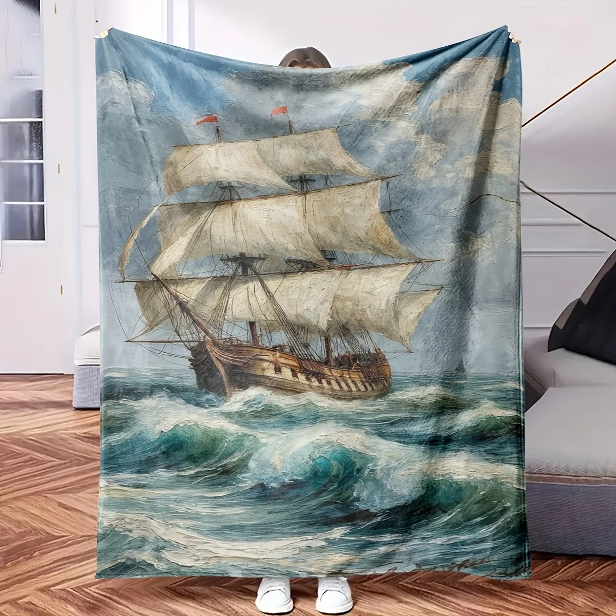 Large Nautical Throw Blanket Ocean Ship Sailing Boat Print Maritime Decor Cozy Nap Blanket for Bedroom Living Room Home Accent G