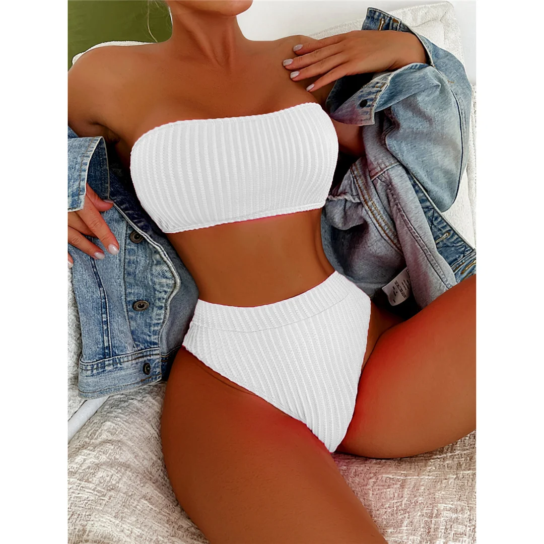 S - XL Bandeau-Bikini mit Falten, Damen-Badeanzug, Bikini mit hoher Taille, zweiteiliges Bikini-Set, Badebekleidung, Badeanzug, Modell V5904. – Detail 23