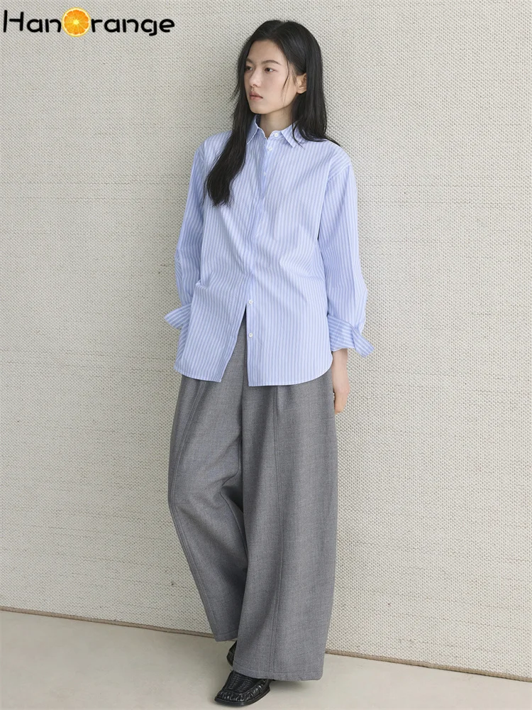 HanOrange 2025 invierno Simple moda compuesto terciopelo plisado cuchillo curvo pantalones silueta suelta pantalones negro/gris claro