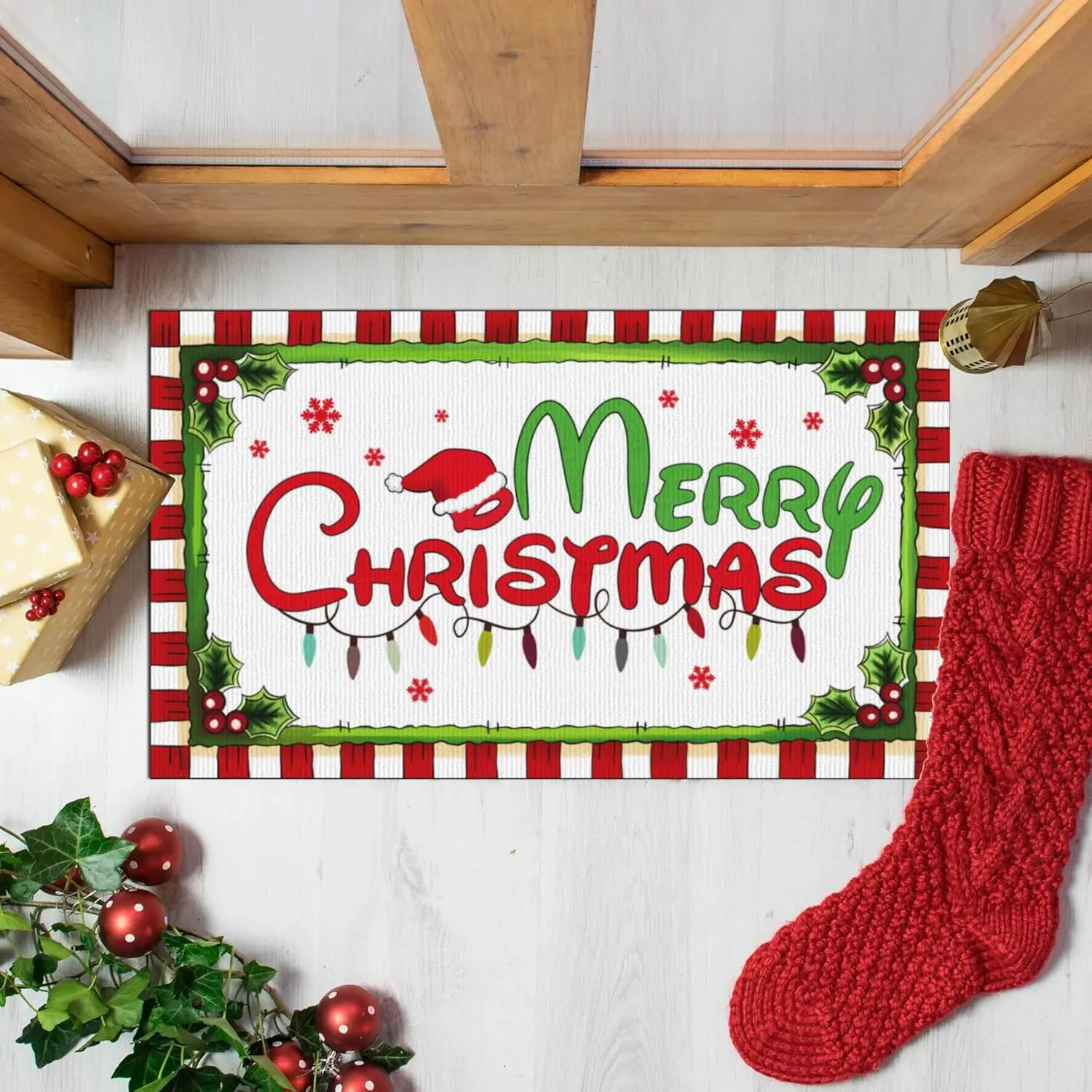 VIKAMA Christmas Happy Floor Mat Anti-Slip Indoor and Outdoor Welcome Mat for Kitchen and Living Room Carpet Home Decoration