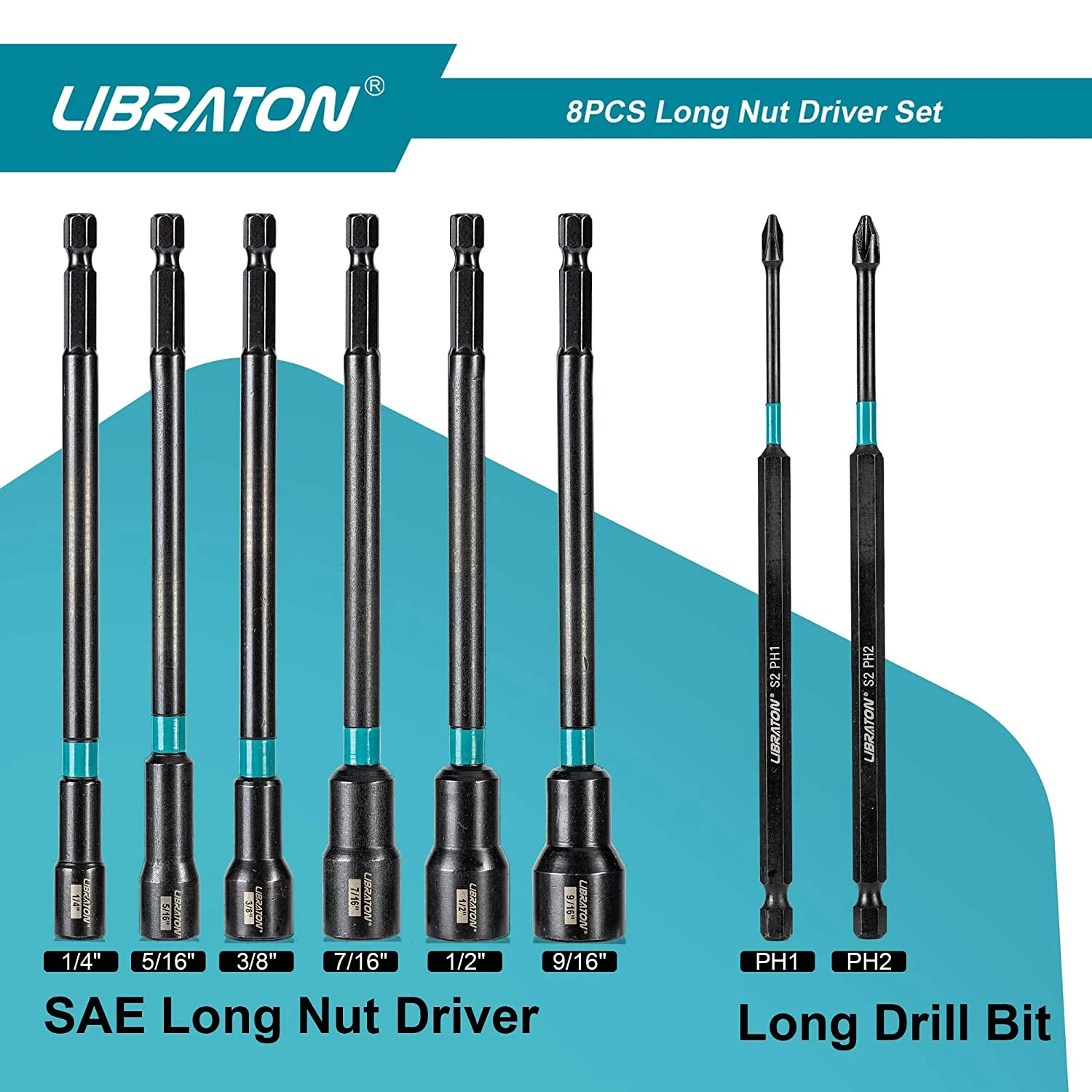 Libraton 8PCS Magnetic Nut Driver Set SAE Long Nut Drivers for Impact Drill Long Shank Nut Driver Bits Long Power Bits PH1 PH2