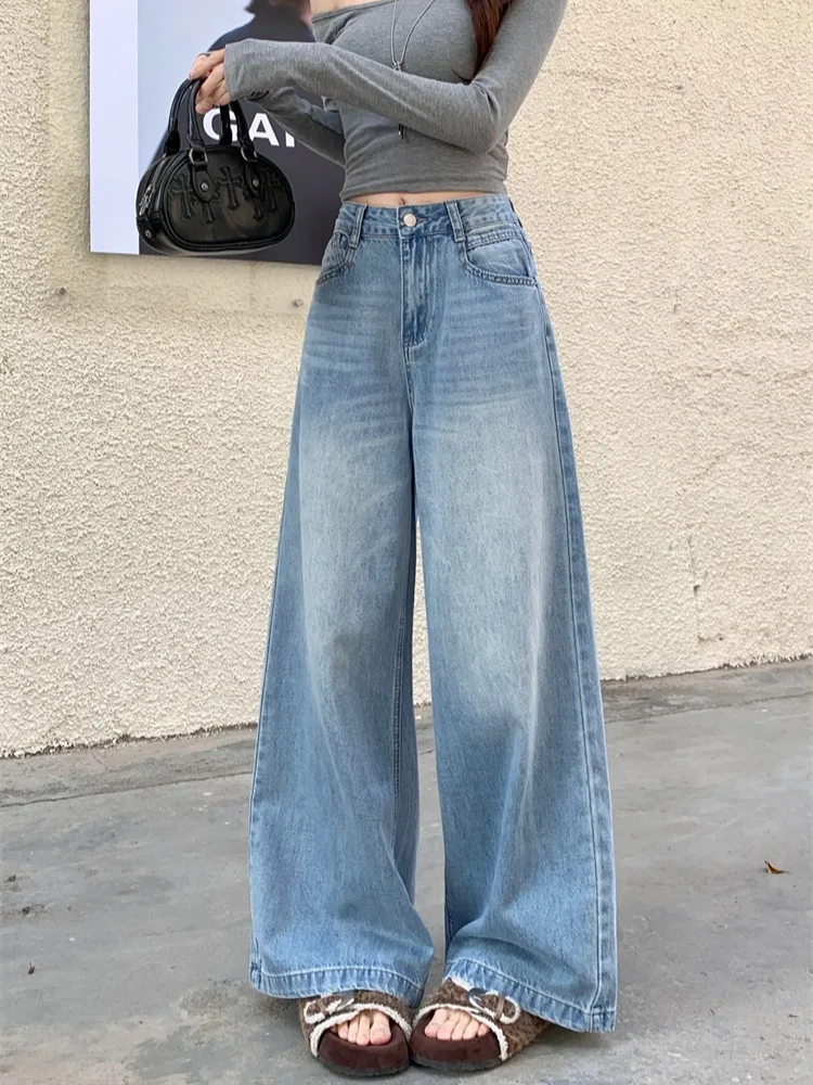 

Синие джинсы с высокой талией и широкими штанинами в американском ретро-стиле, из выстиранного денима, женские, весна-лето, прямые, длинные, повседневные, в стиле A-Line