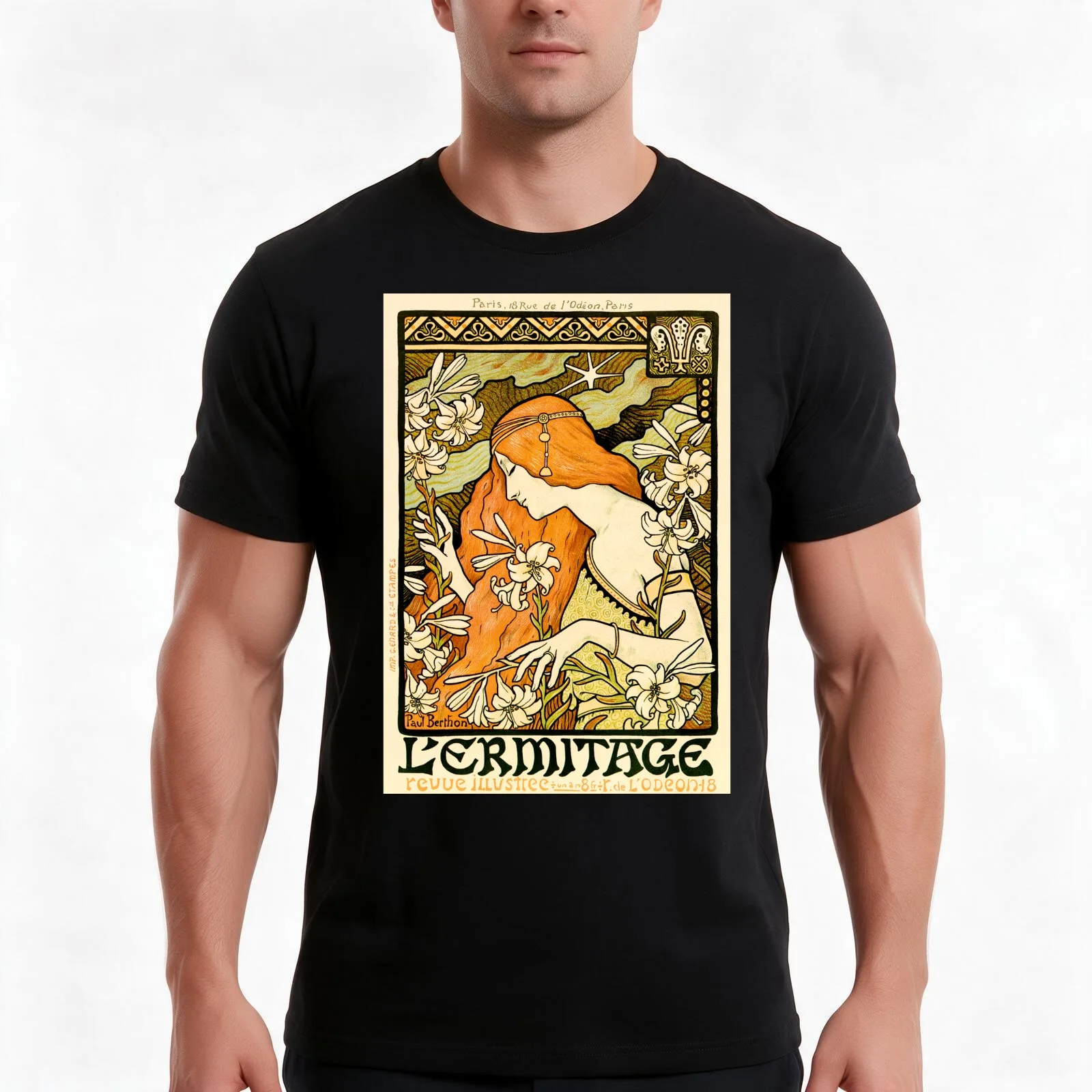 Revue L 'ERMITAGE by Paul Berthon 1897 French Artist Art Nouveau Lithograph T-Shirt, Summer Casual Cotton Tee, Unisex Men Women
