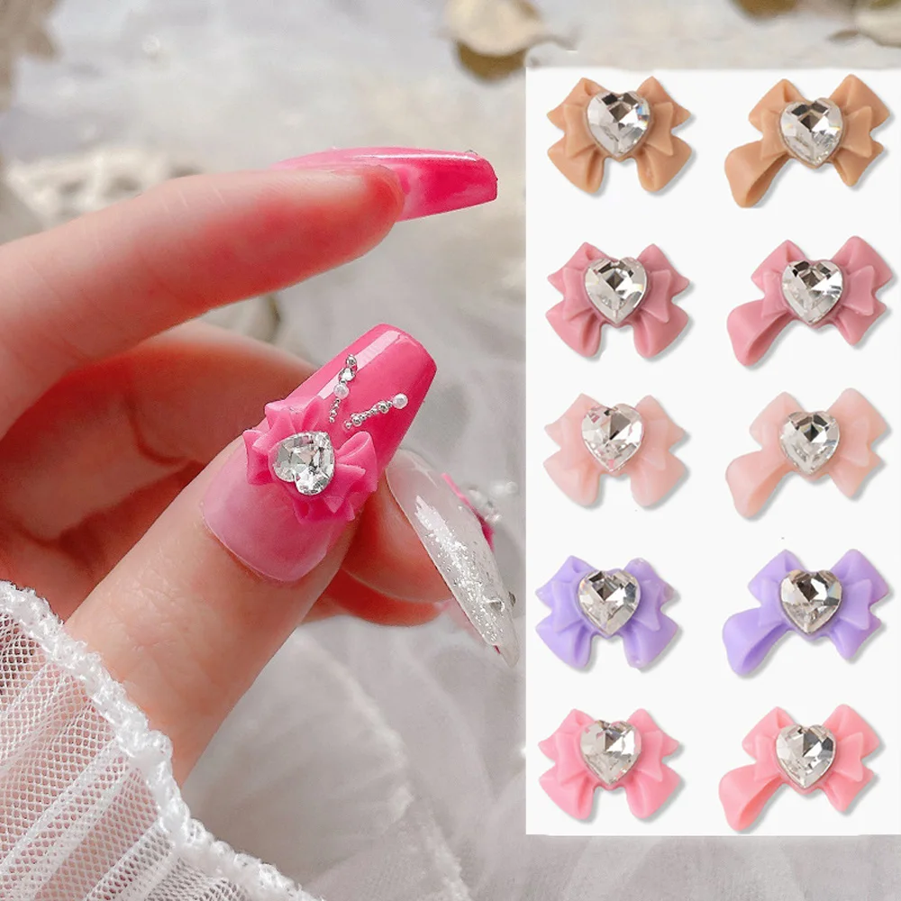 20Pcs Heart Crystals Bow Nail Art Charms 3D Resin White Love Gems Sailor Moon Bowknot Nail Rhinestones DIY Manucure Accessoires