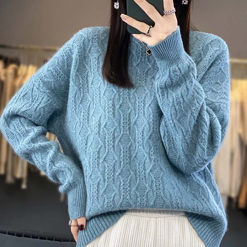 O-neck Loose Sweaters for Women, 100% Pure Wool, Knitting Jumpers, Female Pullovers, Woolen Clothes, New Fashion, 2023