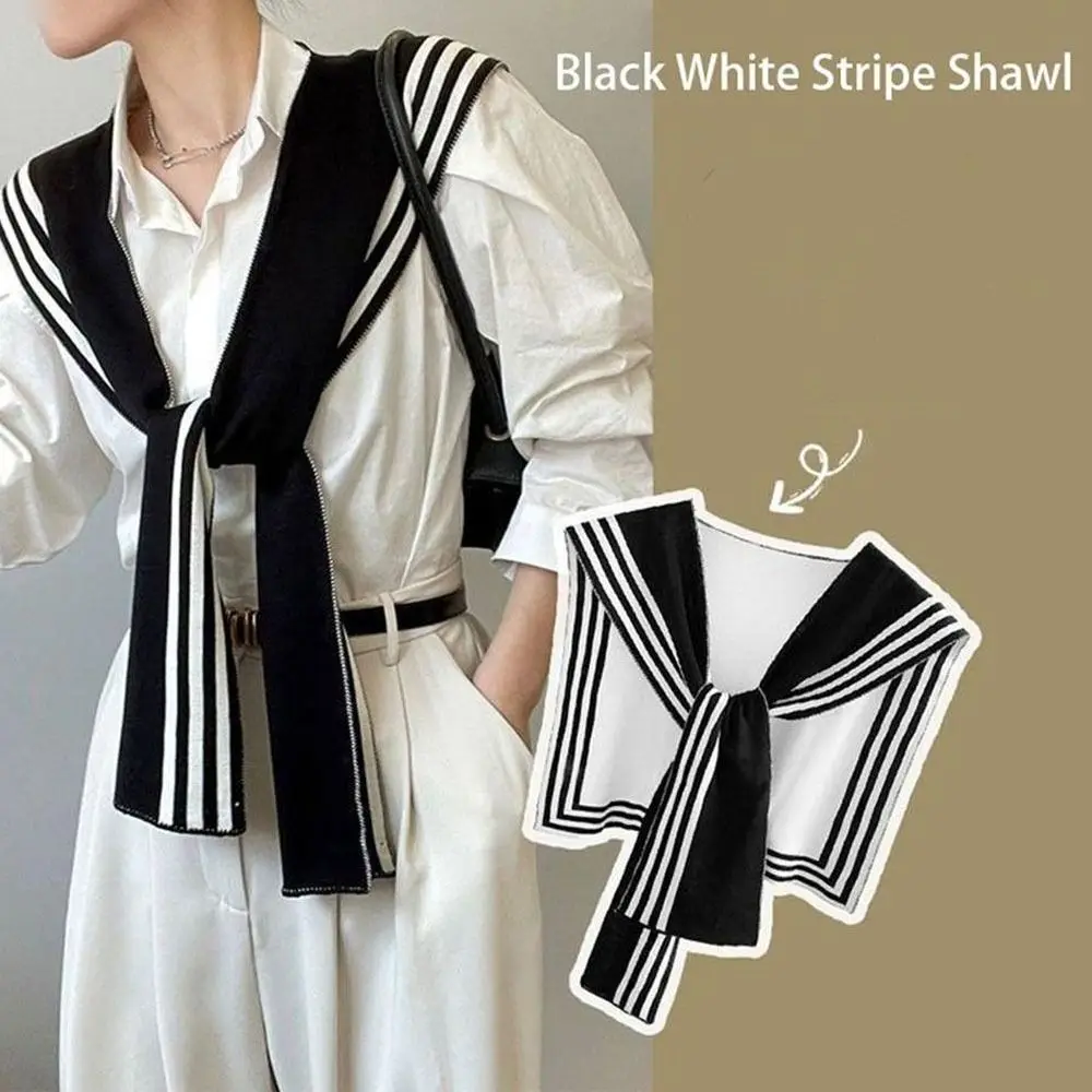 1PC Black White Striped Shawl High-end Small Shawl For Women Striped Outer Shirt Knitted Fake Collar Knitted Scarves