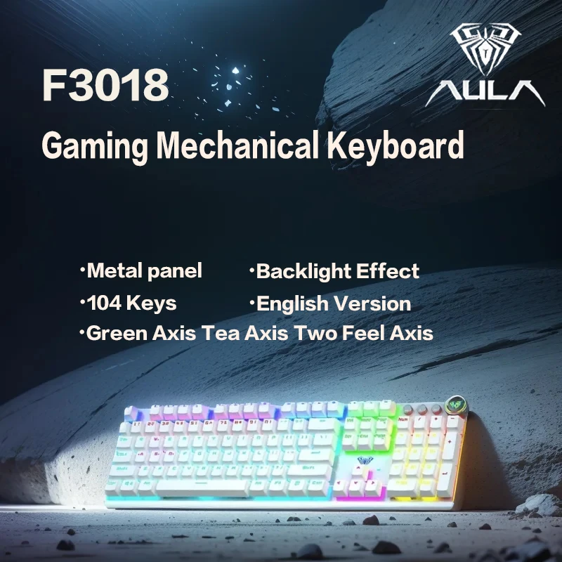 

AULA F3018 Игровая механическая клавиатура, чайная/зеленая, двойная сенсорная ось, корпус, металлическая панель, крутой световой эффект, литье под давлением, 104 клавиши