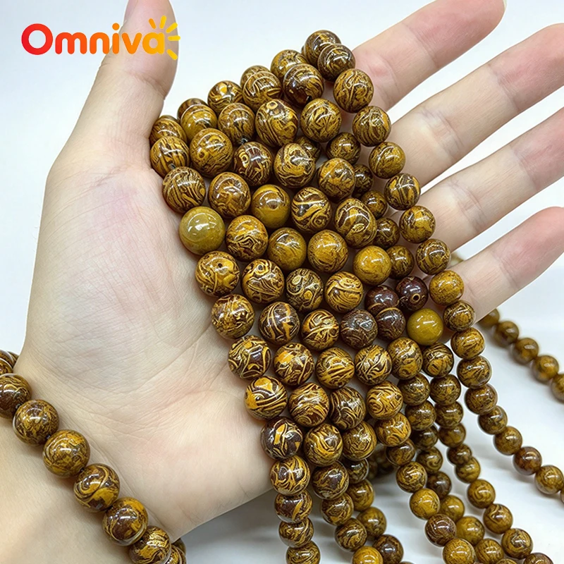 Natural Golden Phoebe Wood Calming Gold Vein Round Loose Beads 4/6/8mm for DIY Jewelry Making Bracelet Necklace Earring Supplies