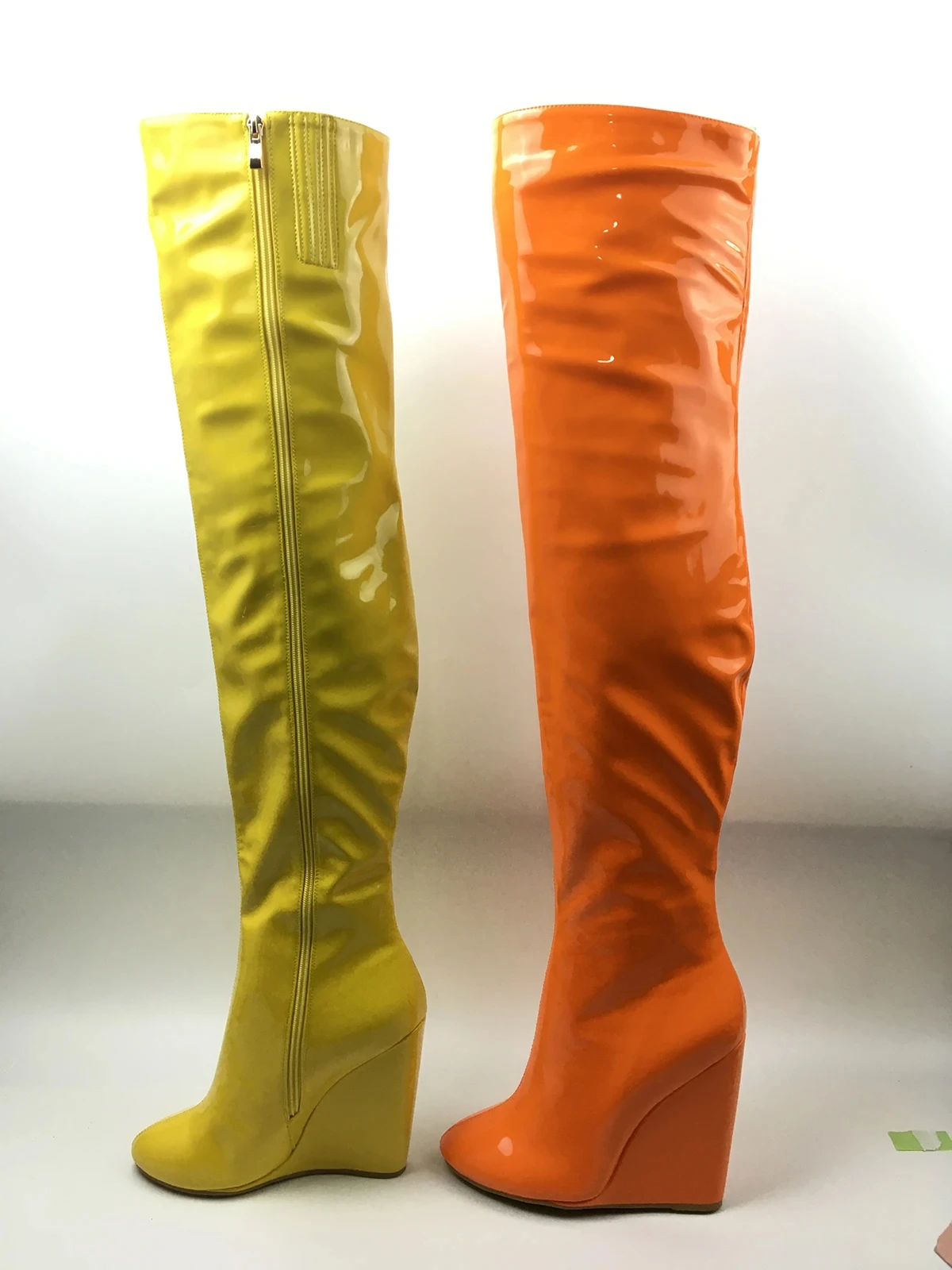 Women\'s Over the knee boots High Heels Wedge Shoe Winter Thigh Heigh Long Boots Orange & Yellow Patent Full Zipper Customized