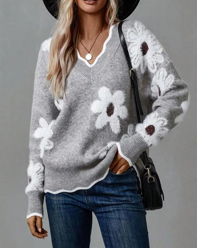 

Women's Sweater 2025 Spring Autumn New Contrast Binding 3D Flower V Neck Long Sleeve Pullover Sweater Casual Loose Fit Fall Top