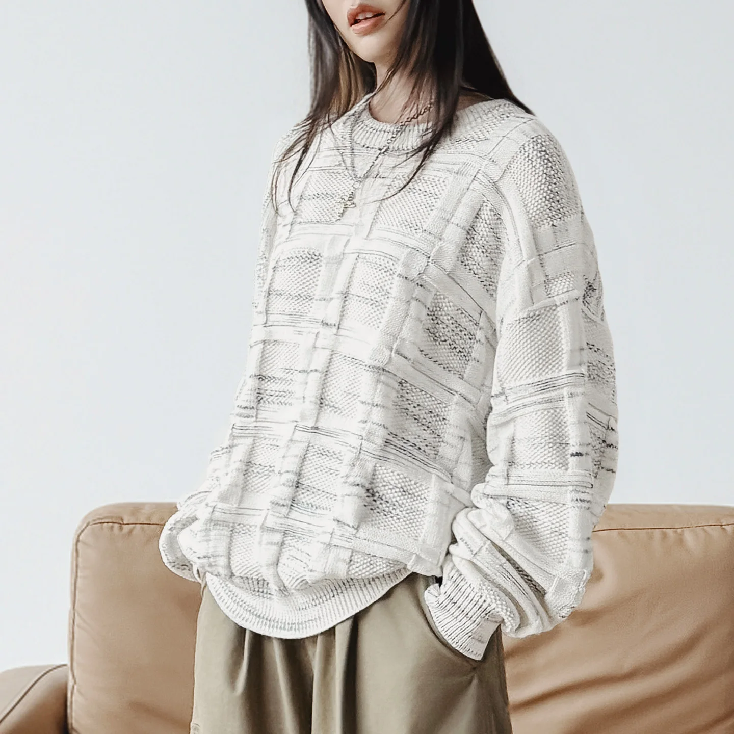 Maden Women’s Loose Fit Knit Pullover Sweater Crewneck Casual Spring Fall Jacquard Soft Breathable Knitwear Female Jumpers