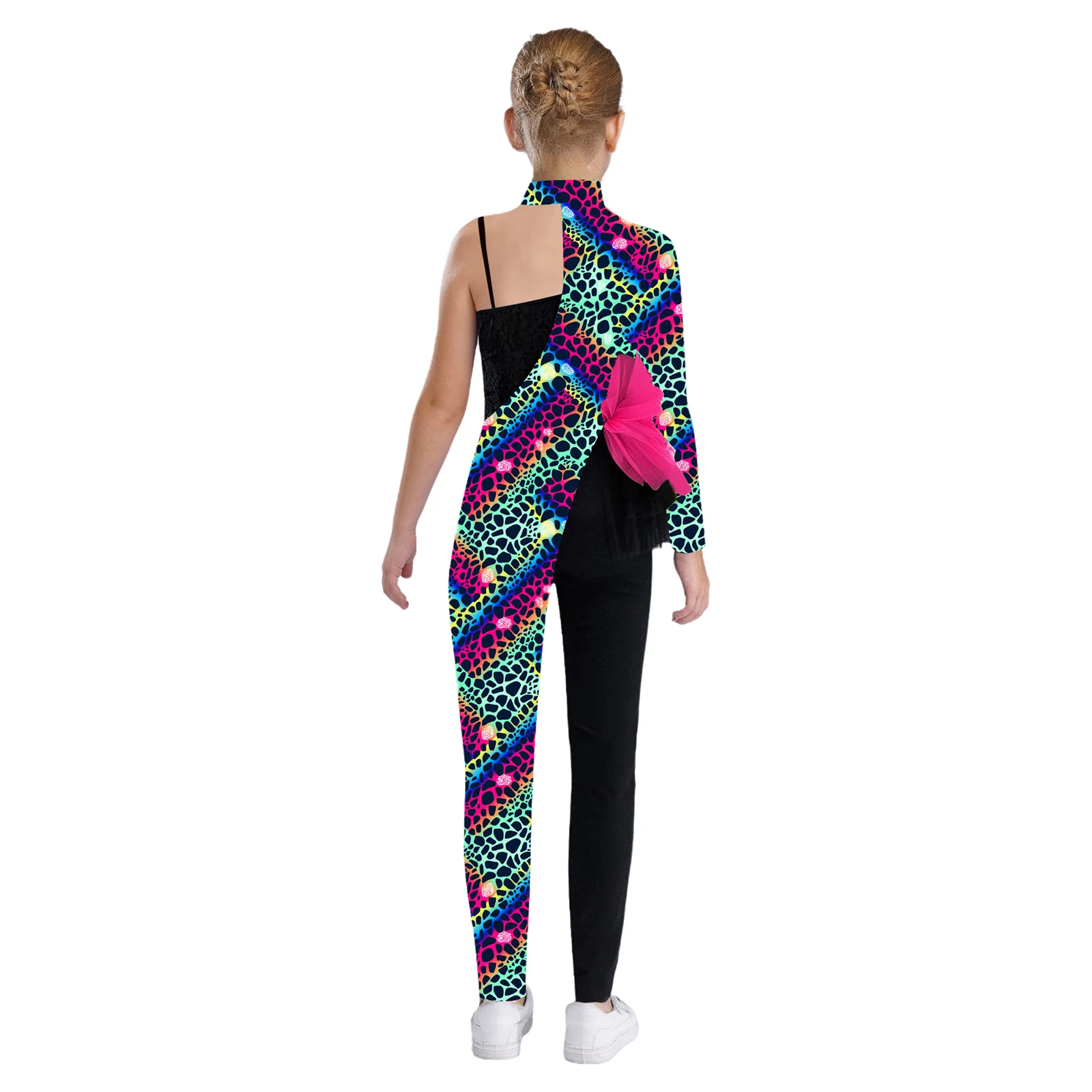 Kinderen meisjes bedrukte jumpsuit gymnastiek ballet dans kostuum asymmetrische lange mouw zijkant tule peplum pailletten patchwork bodysuit