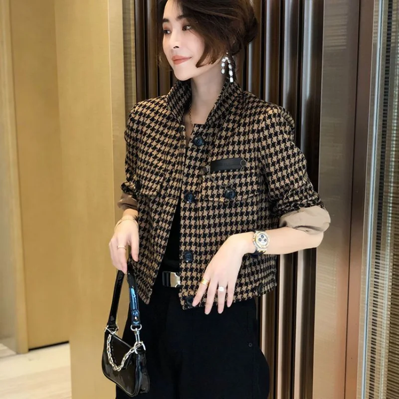 Fashion Plaid Women's Coat 2025 Short Padded Cropped Autumn Jacket Woman Clothing Luxury Clothes Chic and Elegant Vintage Trend