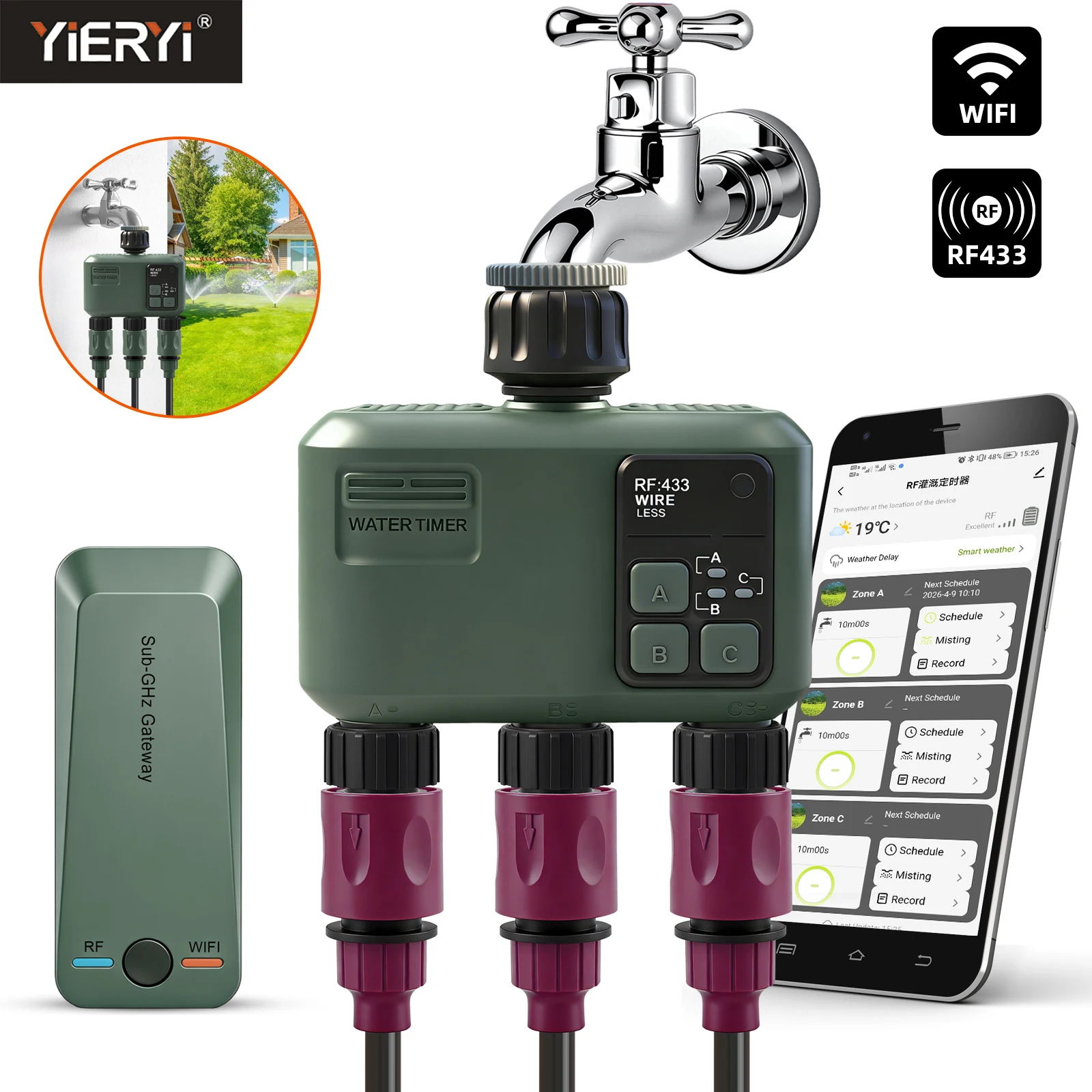 Yieryi Smart WiFi Water Timer 3-Zone Garden Irrigation Controller APP Remote Wireless Valve Automatic Sprinkler for Lawn Garden