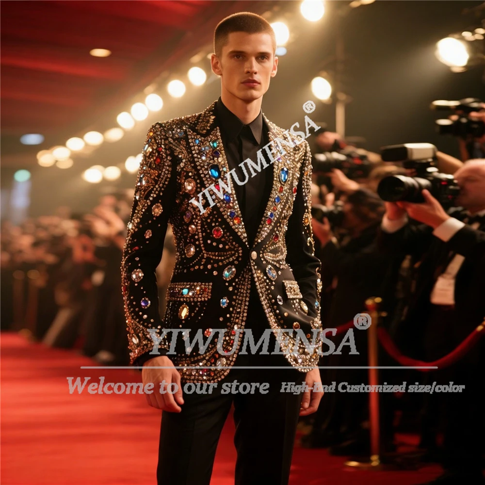 

Роскошные мужские костюмы с разноцветными кристаллами и камнями на свадьбу, однобортный пиджак, брюки, комплект из 2 предметов, мужские смокинги из бисера для банкета и вечеринки