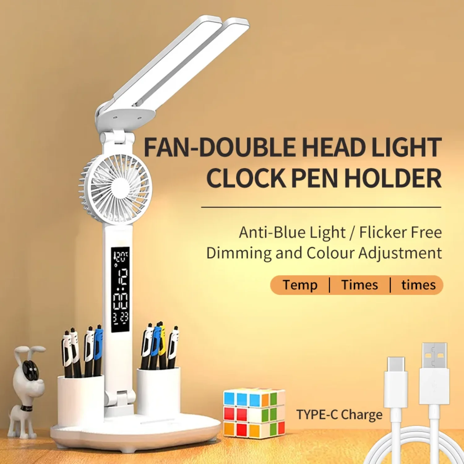 

Clock Desk Lamp USB Rechargeable Table Lamp Dimmable 2 Heads 180 Rotate Foldable Eye Protection Desktop Book Reading Light