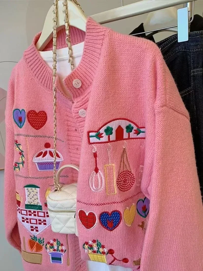 Harajuku feminino cardigã bordado dos desenhos animados, malha doce, gola O, peito único, suéteres de manga longa, blusa casual estética Y2K, fofa