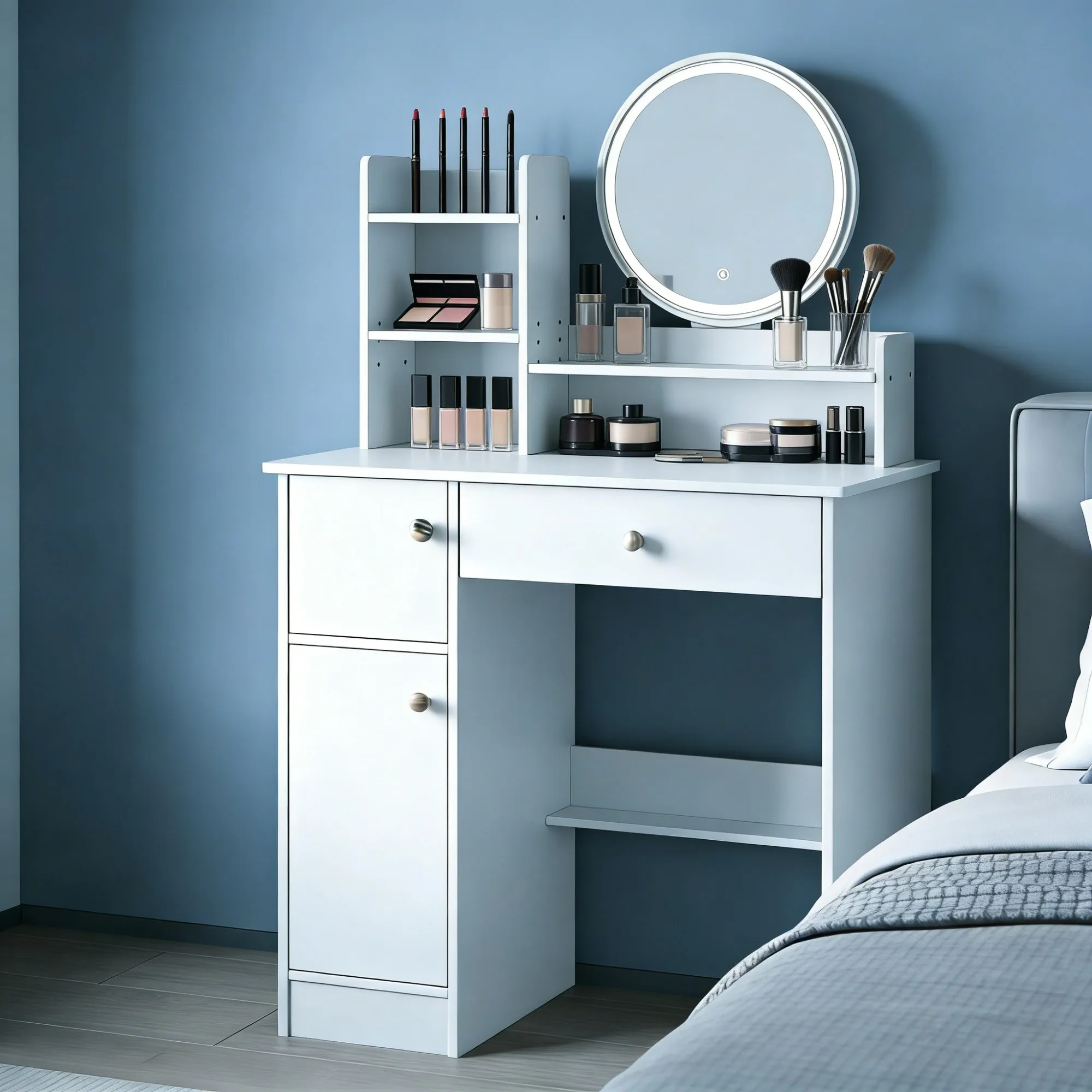 Vanity Desk with LED Mirror & Storage, Small Bedroom Makeup Table, Cream White Dressing Table