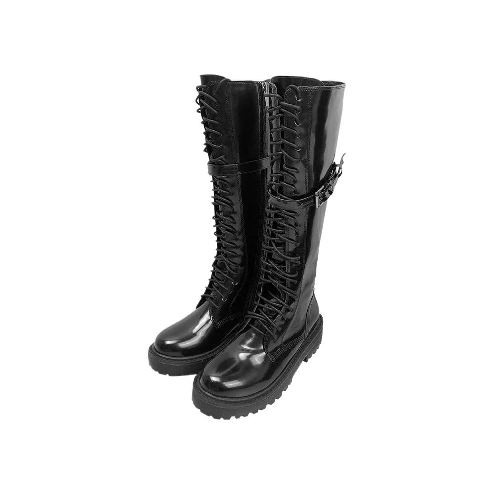 Модные черные мотоциклетные ботинки из лакированной кожи, зимние сапоги до колена в европейском стиле на меху, женские ковбойские сапоги в стиле вестерн на шнуровке