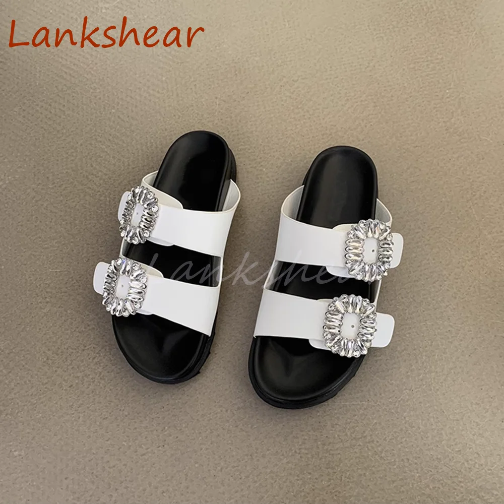 Square Button Square Diamond Women Slippers Flat Sole Solid Summer Fashion Casual Comfortable  Women Shoes 2024 New Arrivals