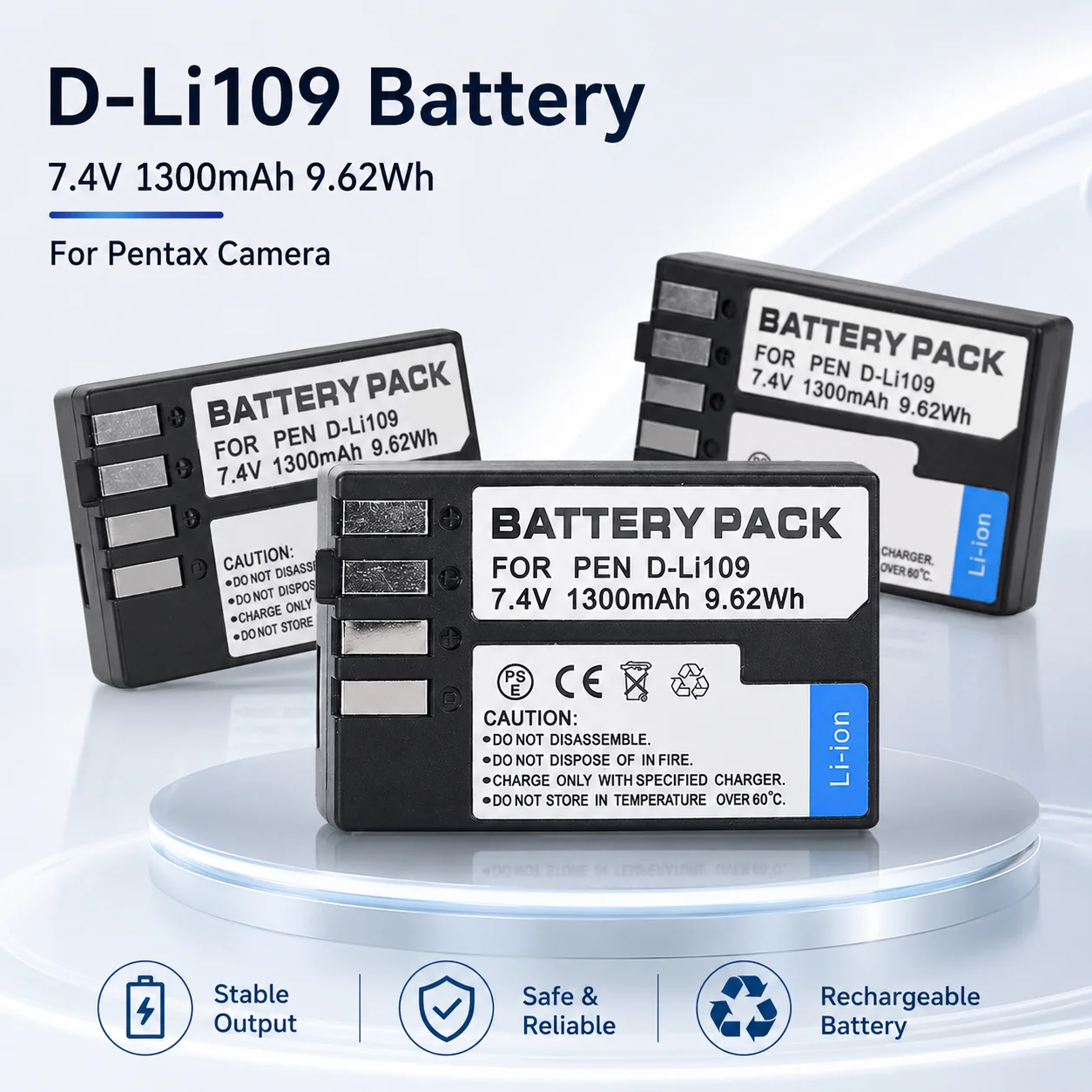1800mAh D-Li109 Rechargeable Camera Battery for Pentax K-R K-P K-2 K-30 K-50 K-70 K-500 K-S1 K-S2 KR KP K2 KS1 KS2