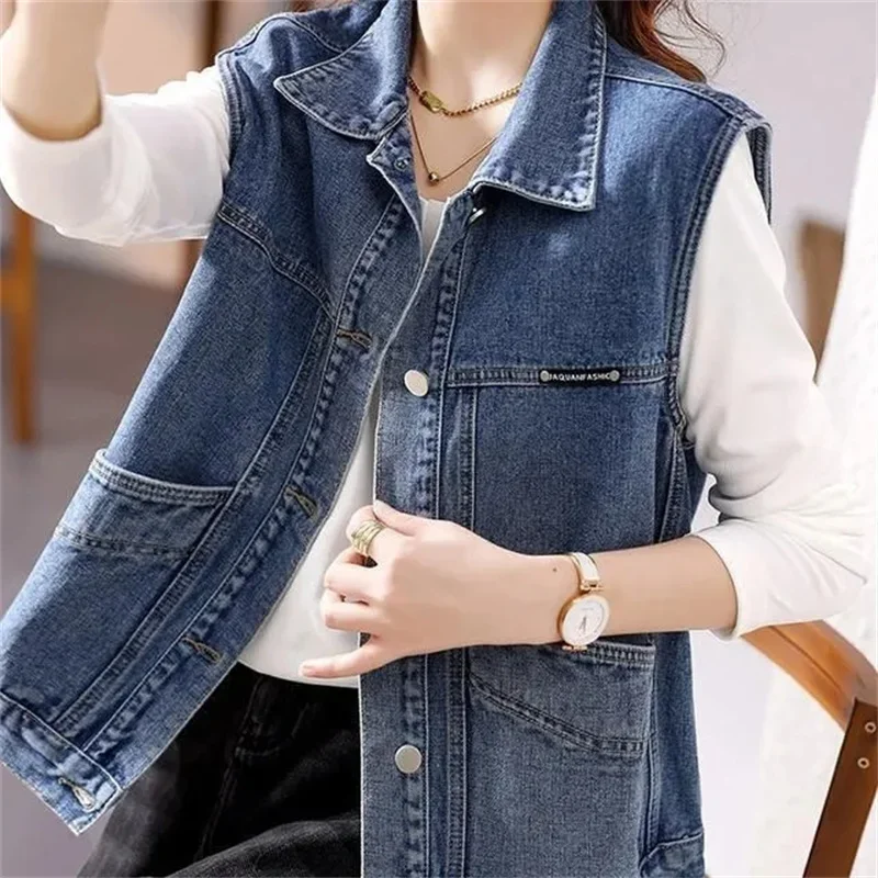 Vintage Women Denim Vest Spring Summer Sleeveless Casual Top Blue Jean Waistcoat Coat Lady Oversize Pocket Outerwear
