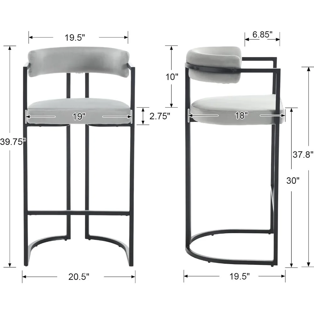 30 inch fluwelen barkrukken set van 2, moderne grijze barkrukken met comfortabele rugleuning, gestoffeerde hoge eetkamerstoelen met zwarte poten