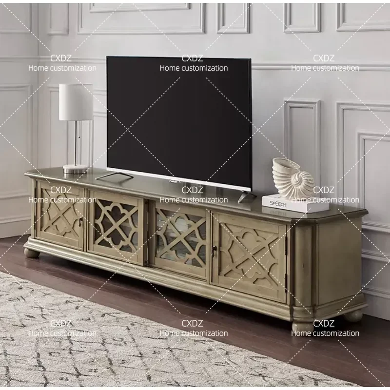 Solid Wood Retro Carved TV Cabinet Customizable Storage Furniture for Villa Model Room Living Room Entertainment Center