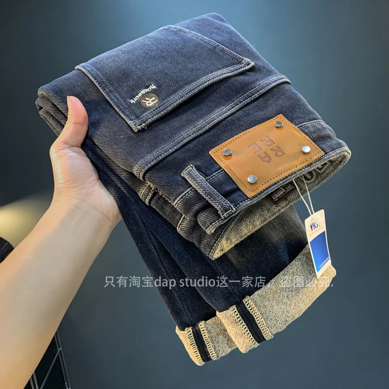 Warm jeans male2024winter fleece-lined thick fashion embroidery stretch slim-fit cold-resistant denim pants