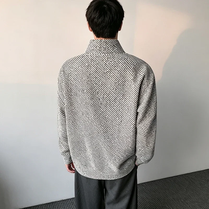Mens Asymmetric Zip Stand Collar Long Sleeve Top Autumn Diagonal Stripe Textured Knit Loose Fit Casual Pullover Daily Wear Shirt view 6
