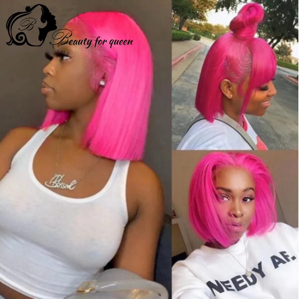 

Bright Pink Straight Short Bob Transparent 13x4 HD Lace Frontal Wigs Brazilian Colored Human Hair Wig For Women Pre Plucked