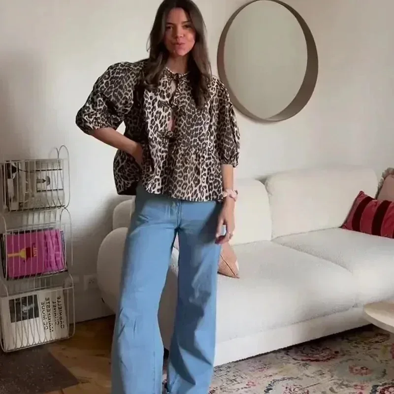 Leopard Print Shirt For Women Bow Lace Up O-neck Short Puff Sleeve Female T-shirt 2024 Summer Fashion All-match Street Lady Tops