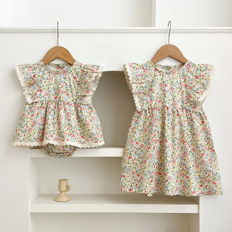 2026 New Summer Sister Clothing 2-6Yrs Baby Girl Party Dress Flying Sleeve Cotton Print Kids Princess Dresses Infant Baby Romper