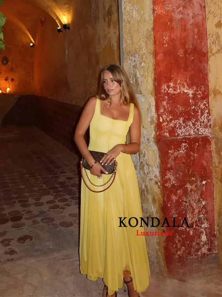 ชุดเดรสสายเดี่ยวสไตล์วินเทจ KONDALA สีเหลืองล้วน แขนกุด แต่งระบาย ซิปด้านหลัง แฟชั่นใหม่ 2025 ชุดเดรสสำหรับฤดูใบไม้ผลิ ฤดูร้อน และวันหยุด