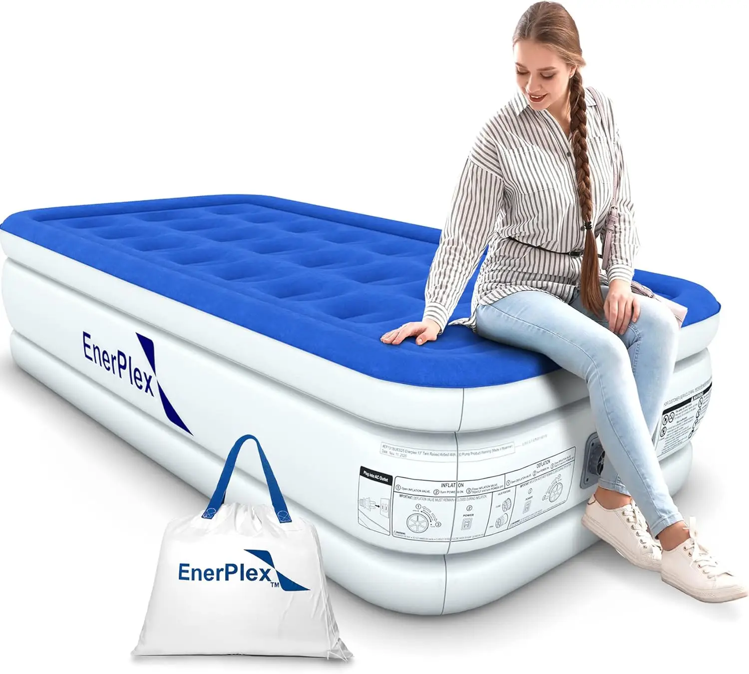 Air Mattress with Built-in Pump - Double Height Inflatable Mattress for Camping, Home & Portable Travel - Durable Blow Up Bed