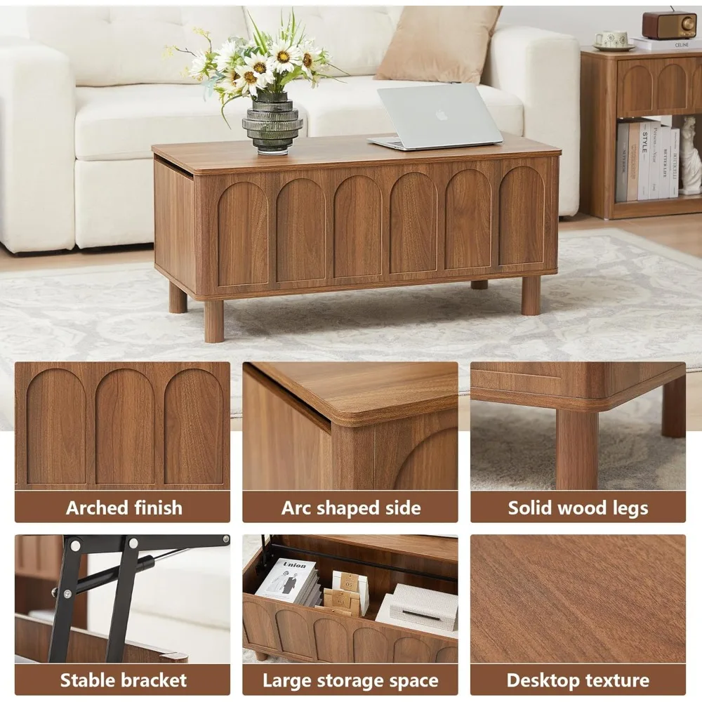 Lift Top Coffee Table with Arched Finish, Modern Coffee Table with Lifting Tabletop & Hidden Storage, Wood Center Tab，Customized