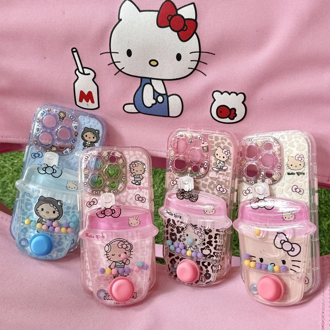 

Leopard print Hello Kitty Fun 3D Cute Milk tea Flowing Bead Game Console Phone Case For iPhone 16 15 14 13 Pro Max Cartoon shell