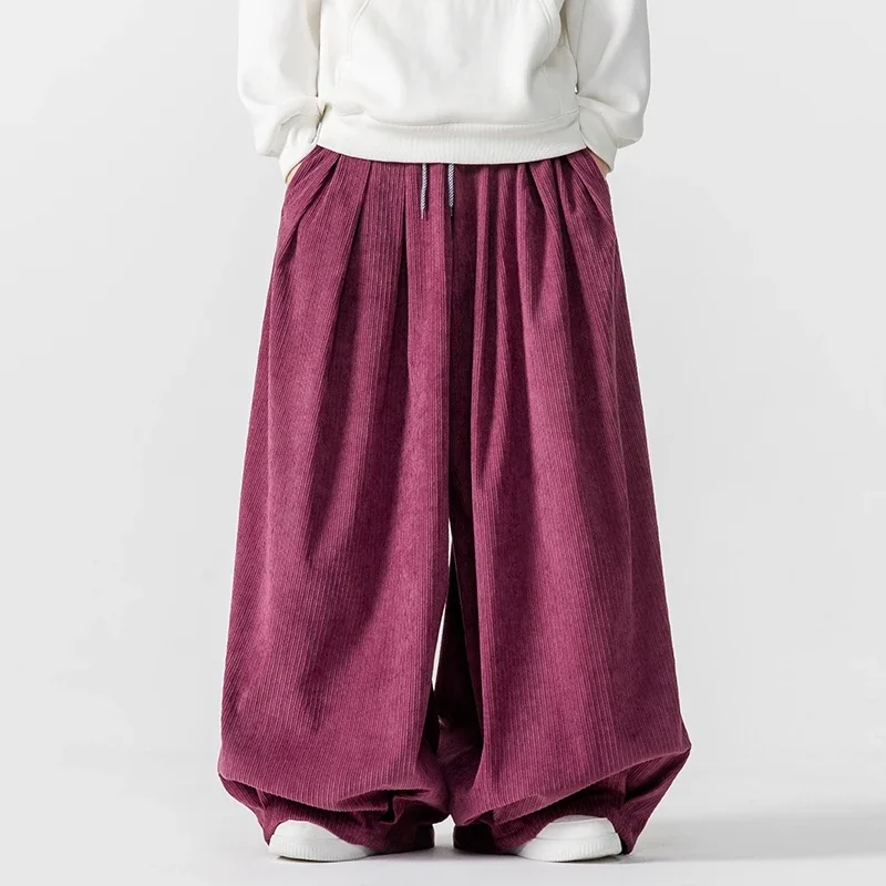 2024 Men Corduroyกางเกงขากว้างผู้ชายสไตล์ญี่ปุ่นหลวมหนาสบายๆเย็บปักถักร้อยกางเกงHip Hop Mens Streetwearกางเกง