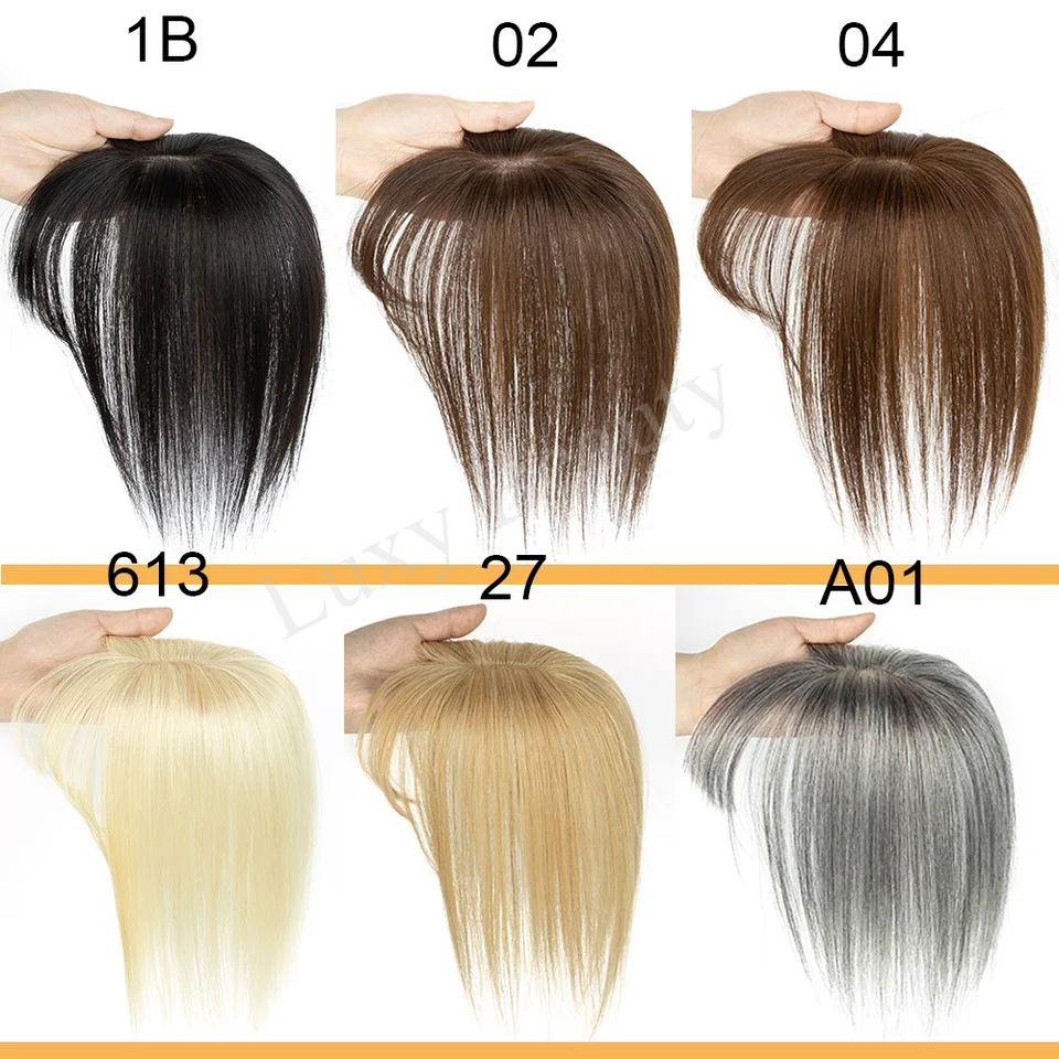 Postizo de cabello humano con flequillo para mujer de 5x9 cm, con mechas negras y rubias, cuero cabelludo de piel 6