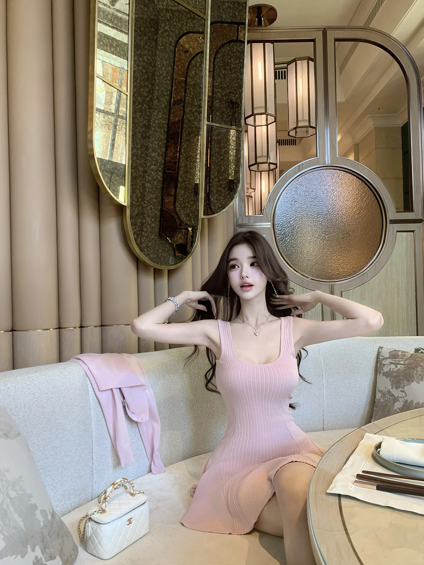 

Ele High Waist Knitted Dr Flay U-Neline Bell Sve Ladies Dr for Date Night New Arrival from Ruoyu Brand