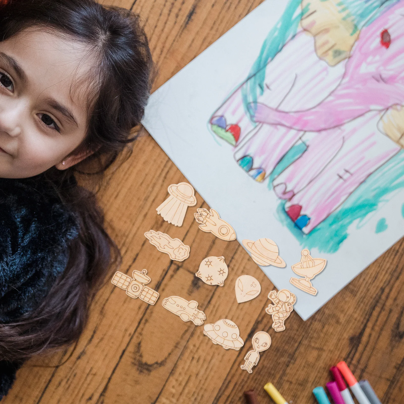 100 шт., пустой космический корабль, деревянные вырезы, набор для рисования «сделай сам», креативное космическое ремесло для детей, декор для игровой комнаты, набор астронавтов инопланетянской планеты