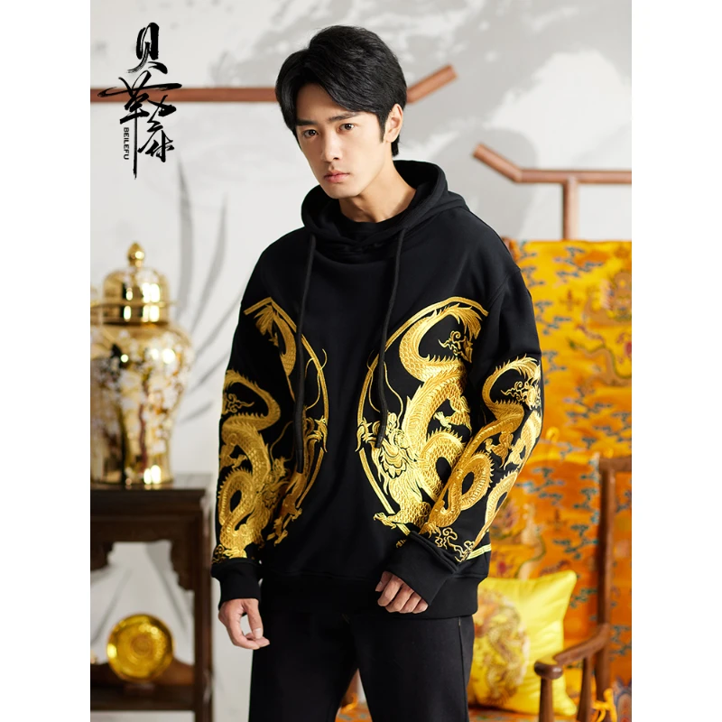 

Golden Dragon Embroidery Chinese Style Sweatshirt Casual Vintage Hooded Pullover Autumn And Winter New Men Plus Size